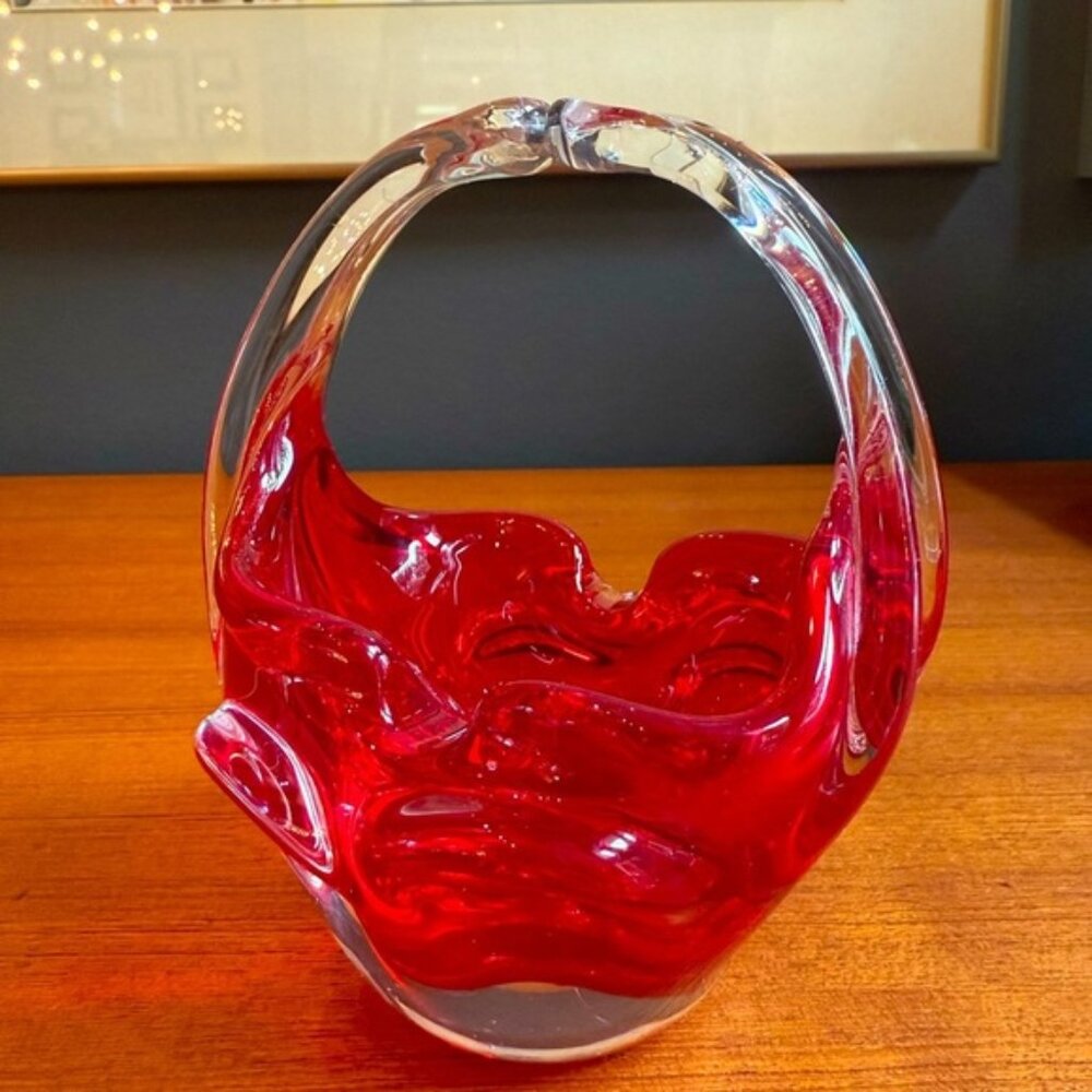 Murano Art Glass Hand Blown Sommerso Basket Joined Handles Submerged Ruby Red